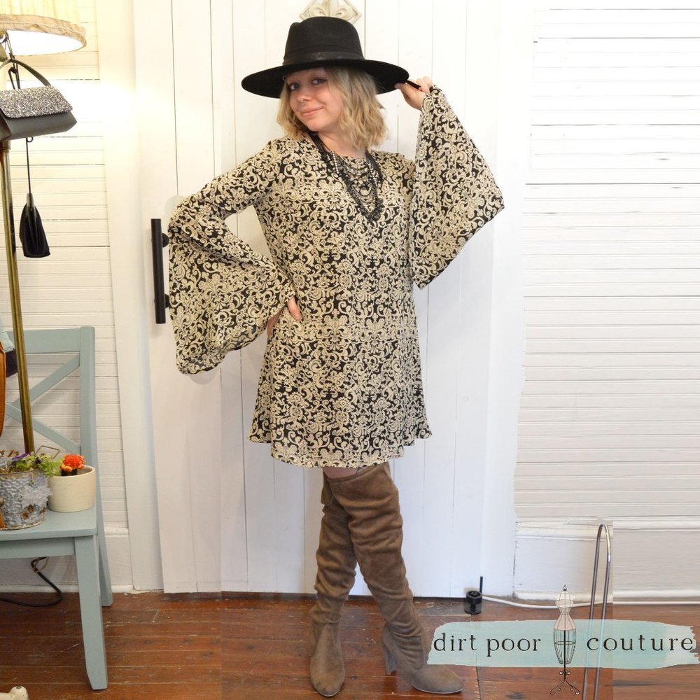 Boho Black and Ivory Floral A Line Dress with Big Bell Sleeves Size M